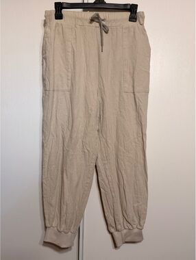 Beige Lightweight Casual Pants with Drawstring Waist, Size Large